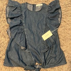 FRAME Knot ruffled button back chambray soft denim top SZ XS.  NWT